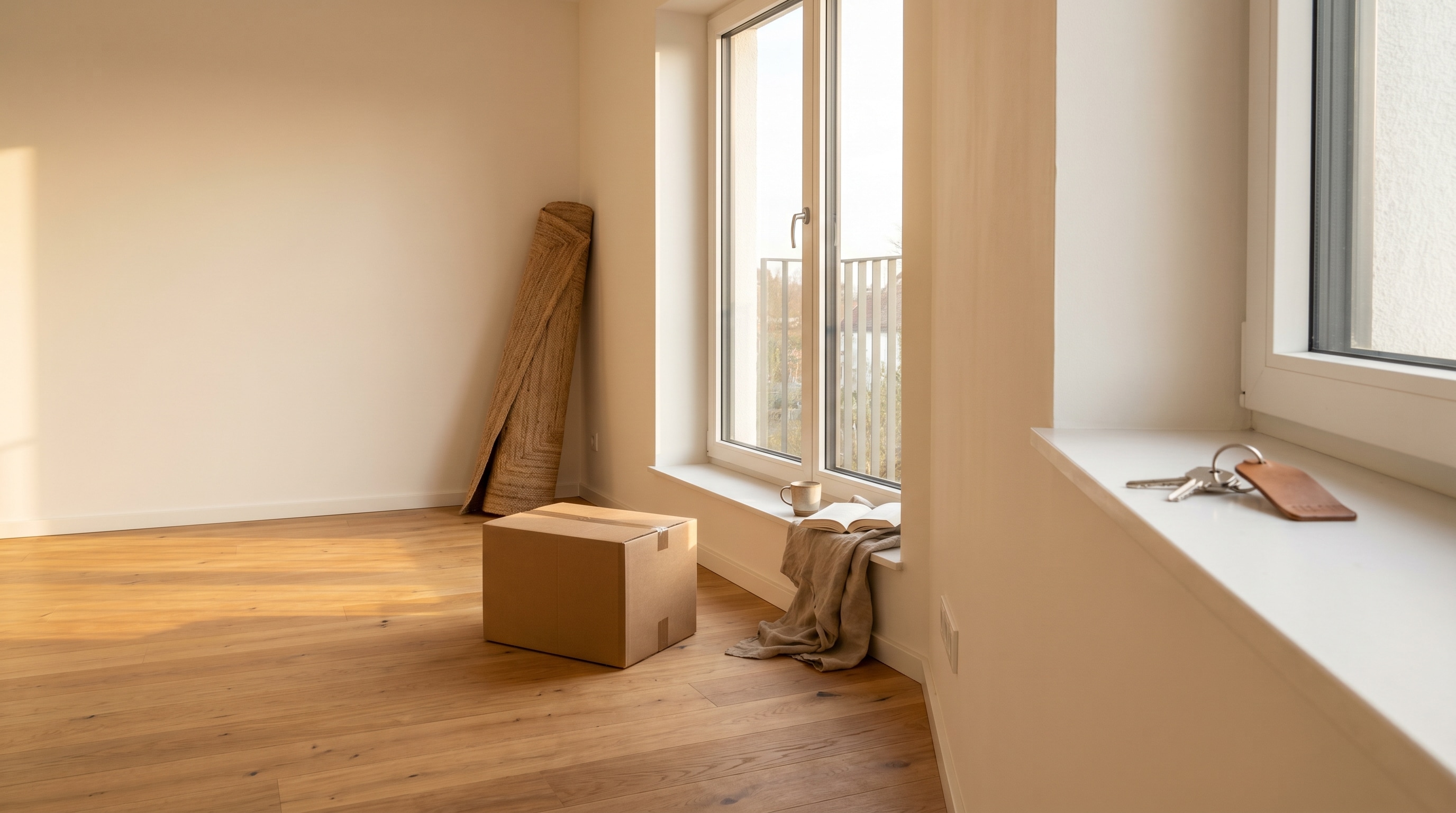 Frisch übergebener Raum mit Dielenboden, Umzugskarton und Schlüssel auf der Fensterbank